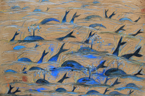 鲸鱼幼稚园-出游图，100x70cm，清迈手工纸、碳笔、色粉、墨汁，2014